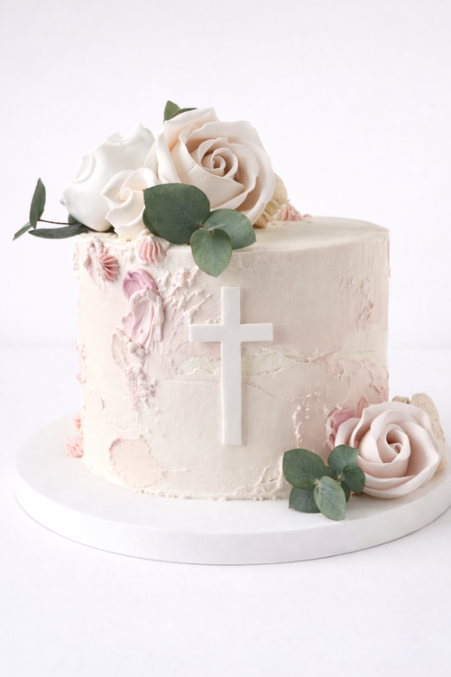  Torta Bautizo crema con flores en fondant 